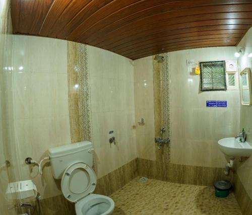 bagno con servizi igienici e lavandino di jasmine land homestay a Udupi