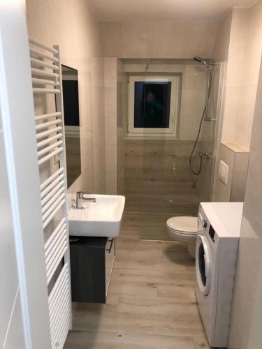 ein Badezimmer mit einem Waschbecken, einem WC und einer Waschmaschine in der Unterkunft Hochfeld Apartment in Augsburg in Augsburg