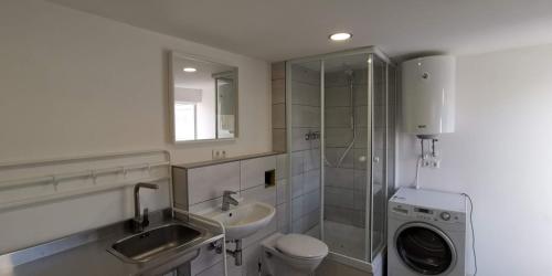 łazienka z umywalką i pralką w obiekcie Ferienholzhaus Sternchen mit Terrasse w Zinnowitz