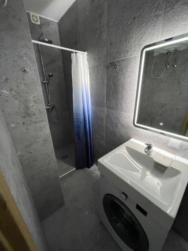 La salle de bains est pourvue d'une douche, d'un lavabo et d'un miroir. dans l'établissement Airport lux apartment 30 Self Check-In Free Parking, à Vilnius