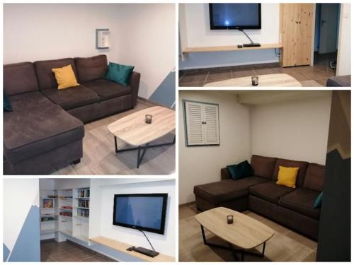 four pictures of a living room with a couch and a tv at Maison Gaillacoise in Gaillac