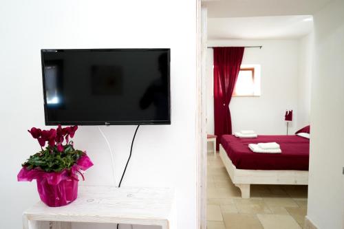 ein Wohnzimmer mit einem Flachbild-TV an der Wand in der Unterkunft Antiche Dimore TerraRossa in Alberobello
