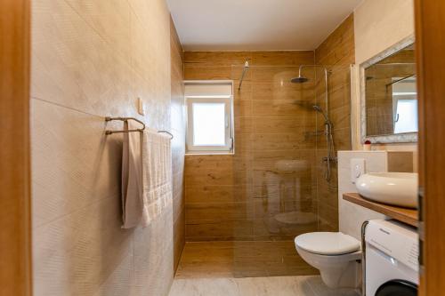 a bathroom with a shower and a toilet and a sink at Holiday Home Aria in Nin
