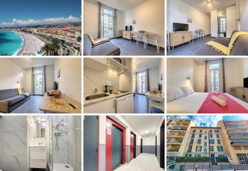 un collage de photos d'une chambre d'hôtel dans l'établissement Nestor&Jeeves - GOLDIE FRANCE RIVIERA - Very close sea, à Nice