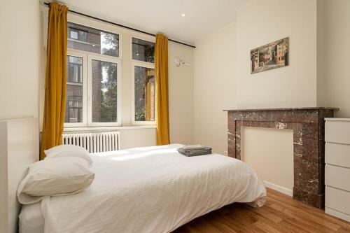 a bedroom with a white bed and a fireplace at Le calme en plein centre ville: Maison 4ch 4sdb in Liège