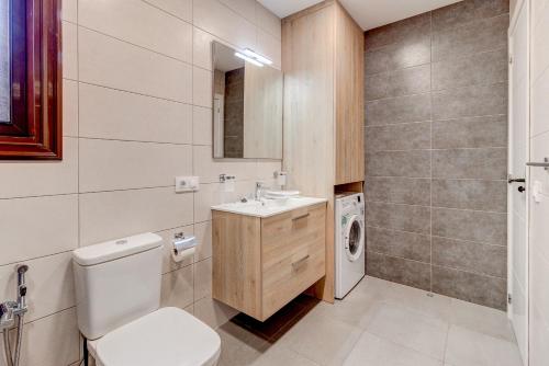 a bathroom with a toilet and a sink and a washing machine at Cozy two bedroom apartment in San Blas Golf del Sur Tenerife in San Miguel de Abona