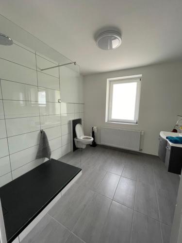 a bathroom with a shower and a toilet and a window at MR Ferienwohnung - Wohnung Emma in Schellerten