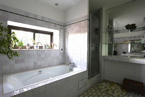 baño con bañera y ventana en Mas des Fontètes, en Fontvieille