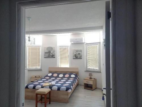 ein Schlafzimmer mit einem Bett in einem Zimmer mit Fenstern in der Unterkunft Majska Rosa in Resen