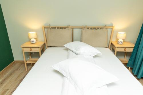 1 dormitorio con 1 cama con 2 mesas y 2 lámparas en EdMont, en Pietroşiţa
