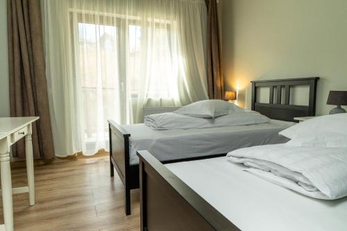 a hotel room with two beds and a window at EdMont in Pietroşiţa