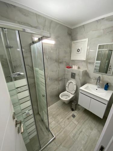 ein Bad mit einer Dusche, einem WC und einem Waschbecken in der Unterkunft Izhak Aveinu 15 in Be’er Scheva