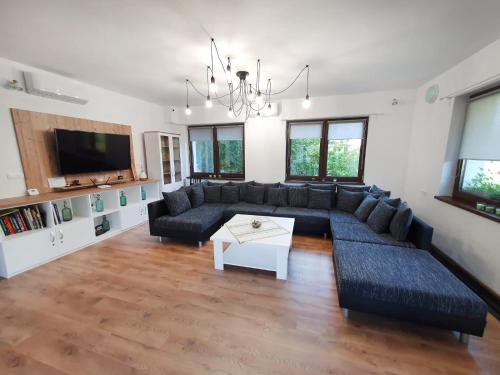 a living room with a couch and a table at Pensiunea Nossa Panzió in Corunca