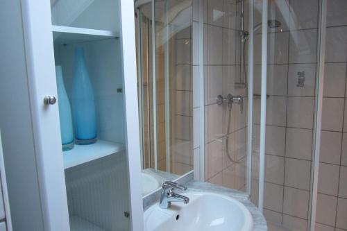 een badkamer met een wastafel, een douche en een wastafel bij Haus Anna Louise - Niedernsill in Niedernsill