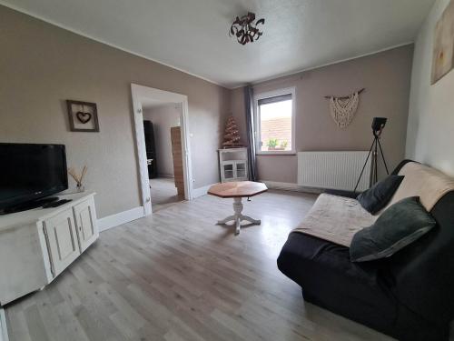 un salon avec un canapé et une télévision dans l'établissement Gîte au Giessen - 1er étage, à Biesheim
