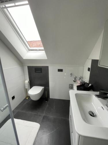 a bathroom with a sink and a toilet and a skylight at Ferienwohnungen im Palmengarten - 40 qm in Heitersheim