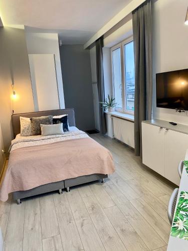 a bedroom with a bed and a flat screen tv at Exclusive Apartments Smolna in Warsaw