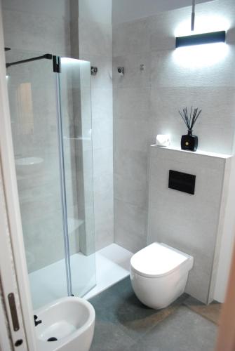a bathroom with a shower and a toilet and a sink at Altar Suites Conde Luna by gaiarooms in León