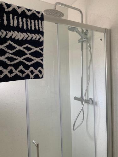 a shower with a glass door and a towel at Ground Floor Apartment in Exmouth