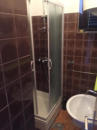 a bathroom with a glass shower with a toilet and a sink at Tisno Sea View apartment in Tisno