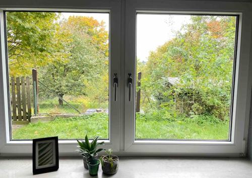 two windows in a room with a view of a yard at Mitten in Nastätten und doch im Grünen: schönes und modernes Apartment in Nastätten
