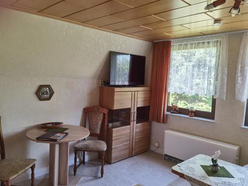 a living room with a small table and a television at Finnhütte Tanne in Tanne