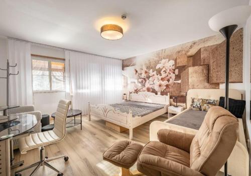 a bedroom with two beds and a table and chairs at Lipno Pearl in Lipno nad Vltavou