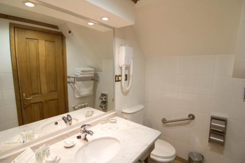 a bathroom with a sink and a toilet and a mirror at Hotel y Cabañas Llanuras de Diana - Caja Los Andes in Puerto Natales