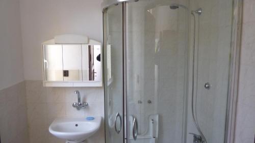 a bathroom with a shower and a toilet and a sink at Apartmanovy byt pri Zubačke in Štrba