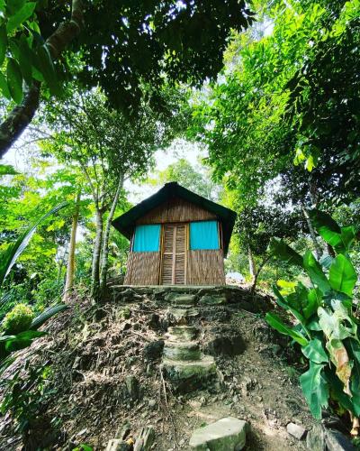 a small building on top of a hill with trees at Hostal Mirador Mar Nevado in Buritaca
