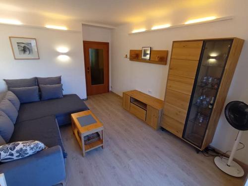 ein Wohnzimmer mit einem blauen Sofa und einem Schrank in der Unterkunft Modernes Apartment in Wien in Wien