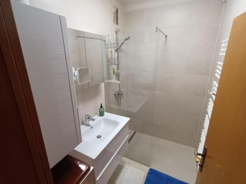 ein weißes Bad mit einem Waschbecken und einer Dusche in der Unterkunft Modernes Apartment in Wien in Wien