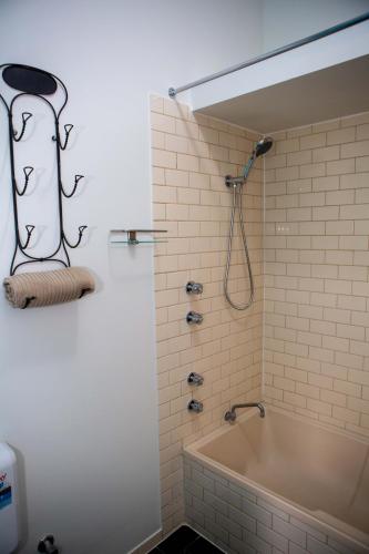 a bathroom with a bath tub and a shower at Lovely Studio Apartment in Downtown Albany in Albany