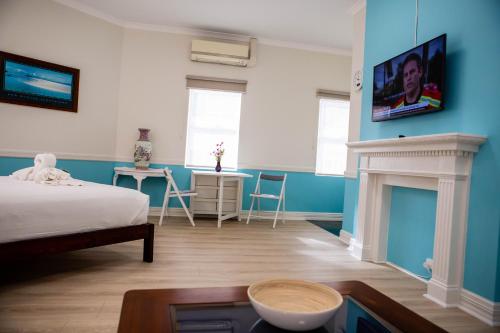 a bedroom with a bed and a fireplace with a tv at Lovely Studio Apartment in Downtown Albany in Albany