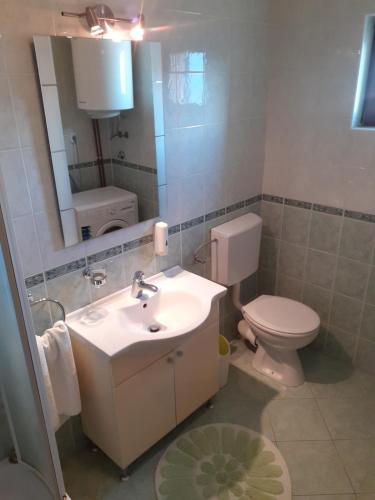 een badkamer met een wastafel, een toilet en een spiegel bij Apartment Panorama in Klis