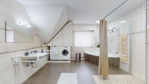 a bathroom with a sink and a washing machine at Apartmenthaus Celik in Bielefeld