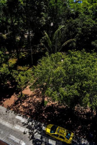 a yellow car driving down a street next to trees at Hotel R Williams in Puerto Francisco de Orellana