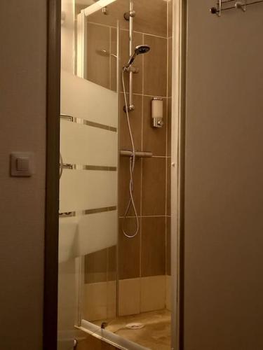 une douche dans une salle de bain avec une porte vitrée dans l'établissement Cocooning, à Samois-sur-Seine