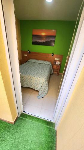 a green bedroom with a bed and a green wall at HOSTAL LA ESTACION in Benajarafe