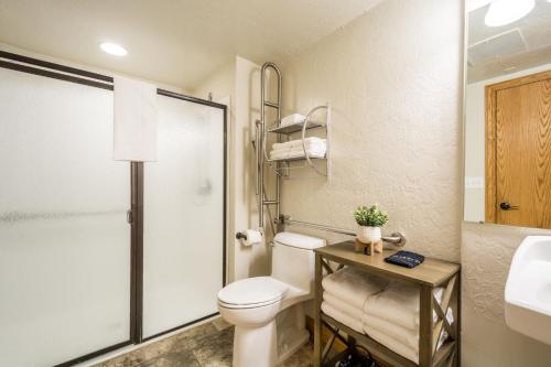a bathroom with a toilet and a sink at Powder Hound 1 Bedroom Brighton Chalet in Brighton
