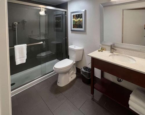 y baño con aseo, ducha y lavamanos. en Motel 6 San Francisco CA Fisherman"s Wharf, en San Francisco
