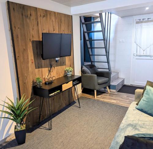 a living room with a television on a wooden wall at Appartement Lila in Carcassonne