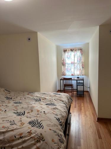 新不伦瑞克J1 Pleasant Room near Rutgers U, hospitals的一间卧室，里面有一张床、一张桌子和一扇窗户