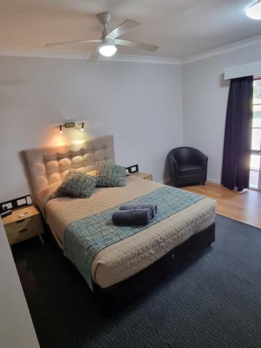 a bedroom with a bed and a ceiling fan at Australian Homestead Motor Lodge in Wagga Wagga
