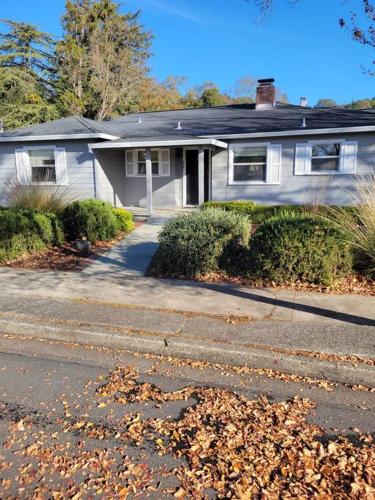 a house on a street with leaves on the road at Santa Rosa Gem in Santa Rosa