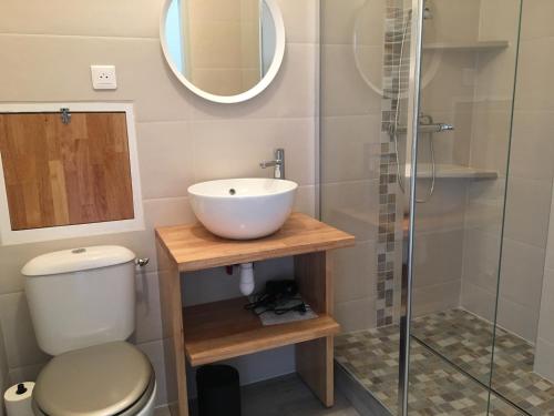 une salle de bain avec un lavabo et une douche dans l'établissement Charmant T2 à Arcachon, accès direct plage, parking privé - FR-1-374-35, à Arcachon