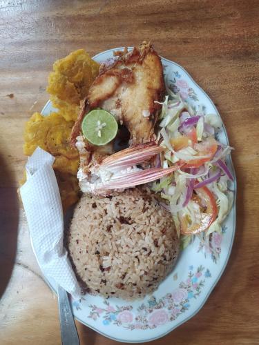 a plate of food with chicken and rice and vegetables at Hotel flamencamarones in Camarones