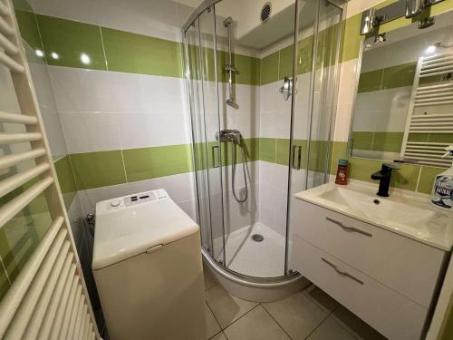 łazienka z prysznicem, toaletą i umywalką w obiekcie T2 cabine 6 pers avec piscine, proche plage, wifi - FR-1-702-18 w Cap d'Agde