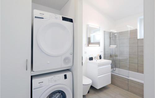 une salle de bains blanche pourvue d'un lave-linge. dans l'établissement Cozy Home In Lembruch-dmmer See With Kitchen, à Lembruch