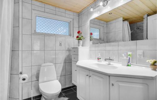 uma casa de banho com um WC, um lavatório e um espelho. em Awesome Home In Vggerlse With Kitchen em Bøtø By